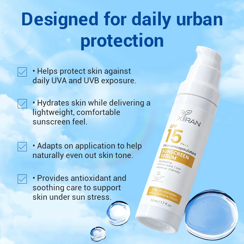 Xiran sunscreen serum SPF 15 PA++ designed for daily urban skin protection, highlighting key benefits like UVA/UVB shield and hydration.